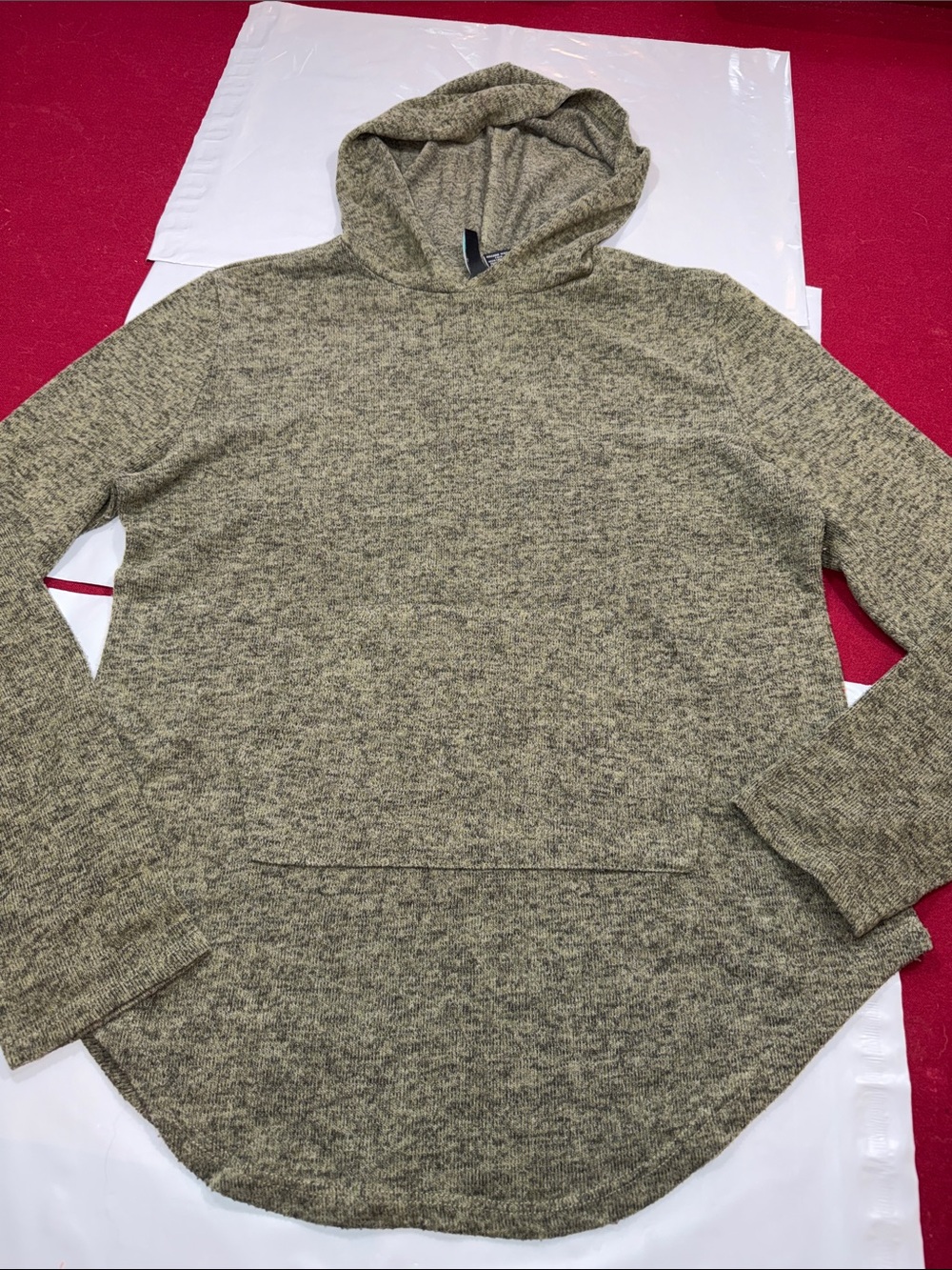 Free for all Green Knit Hooded sweater pullover front pocket round hem medium